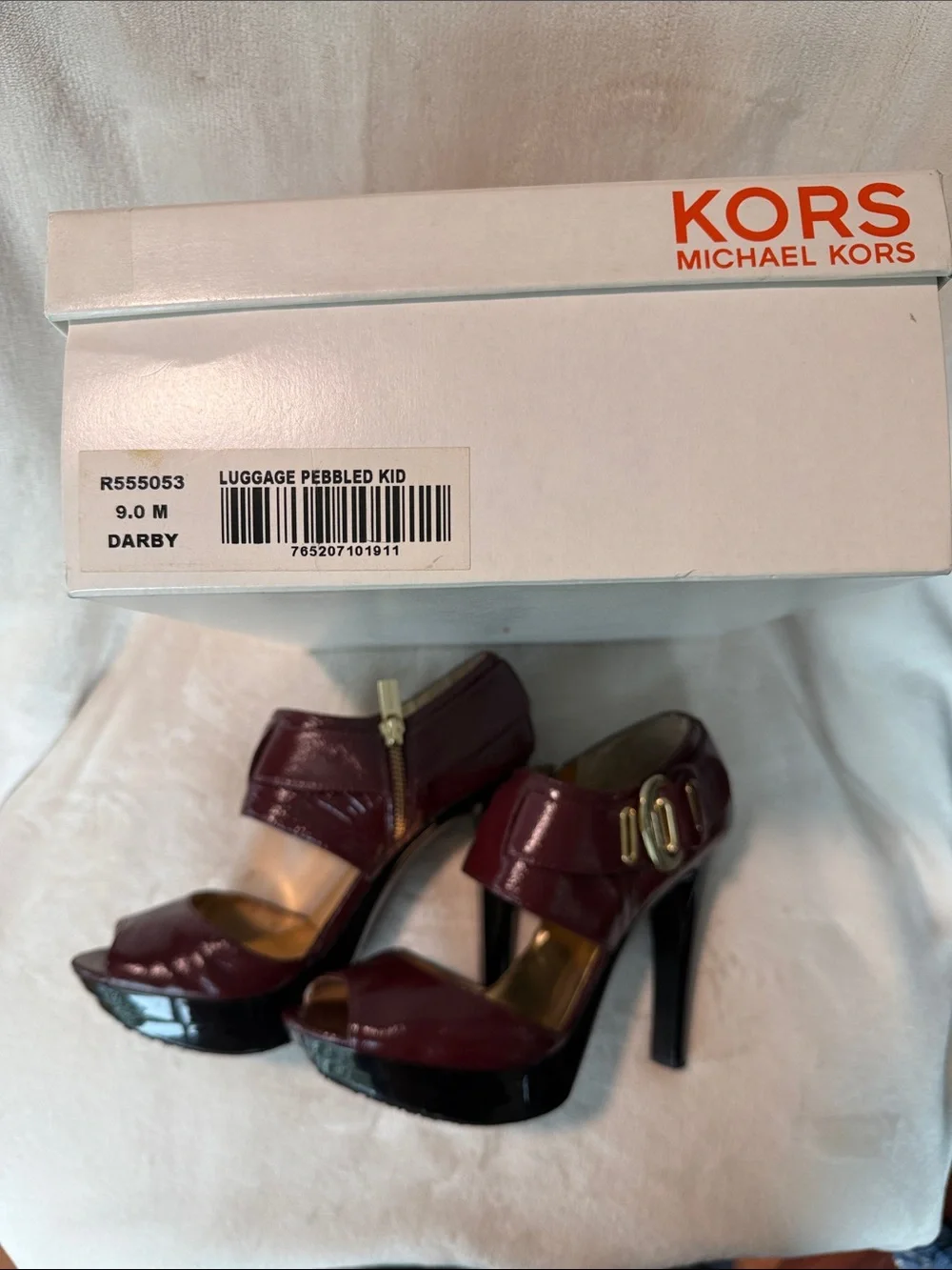 Michael Kors Darby Maroon PatentLeather Platform Stiletto Heels with Gold Buckle